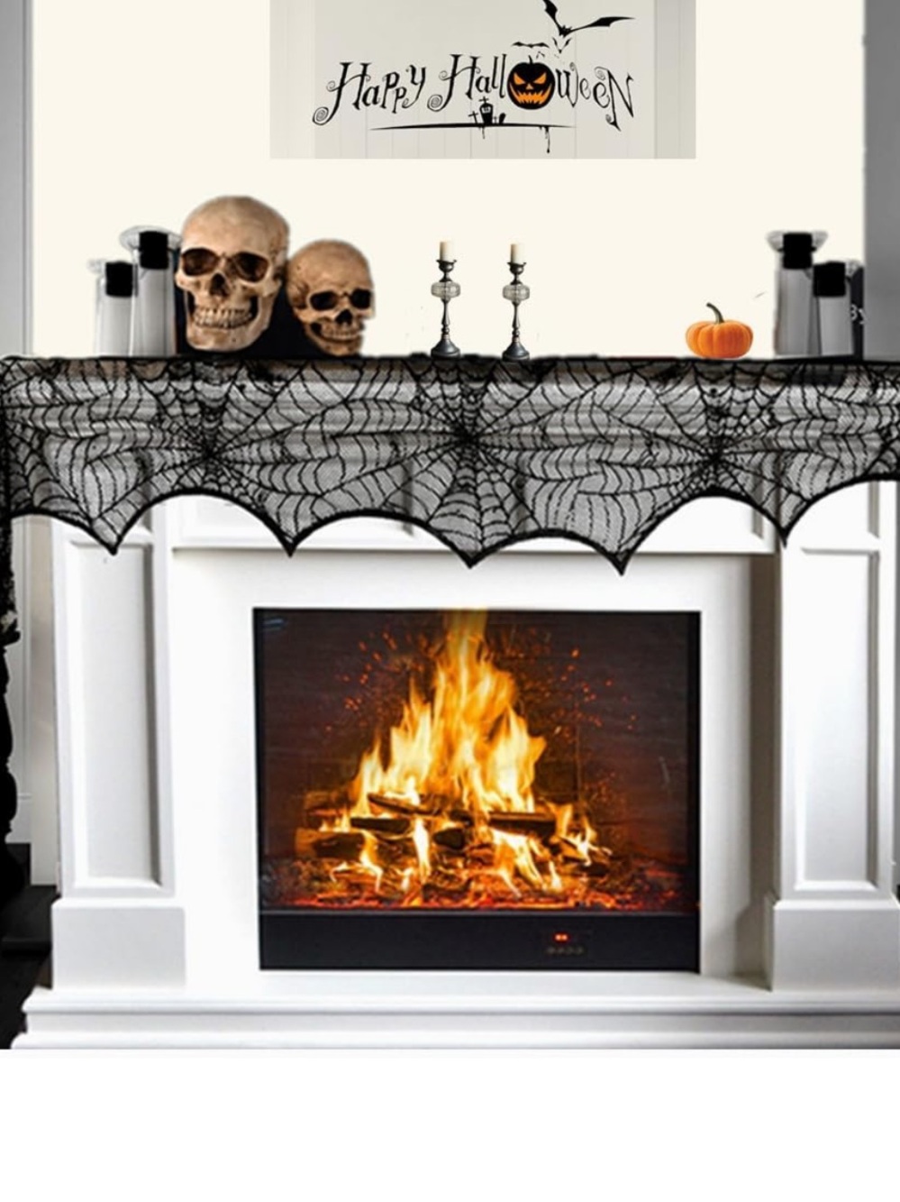Spooky Spiderweb Lace Mantel Runner - Black Halloween Decor